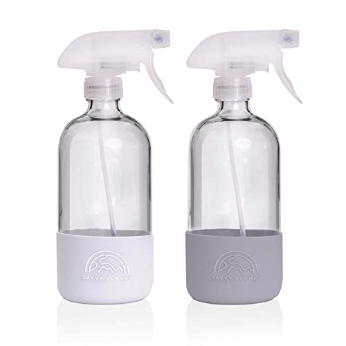SAVVY PLANET Empty Clear Glass Spray Bottles with Silicone Sleeve Protection - Refillable 16 oz Containers for Cleaning Solutions, Essential Oils - Quality Sprayer - 2 Pack (White & Gray)