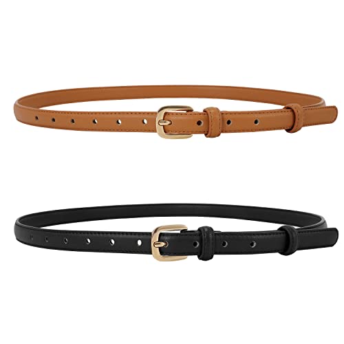 SANSTHS 2 Pack Women Thin Skinny Faux Leather Belt Waist Belt with Metal Pin Buckle for Dress Jeans, Black Brown M