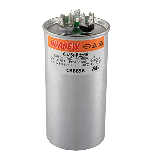 HUAREW 65+5 uF ±6% 65/5 MFD 370/440 VAC CBB65 Dual Run Start Round Capacitor for Condenser Straight Cool or Heat Pump Air Conditioner or AC Motor and Fan Starting