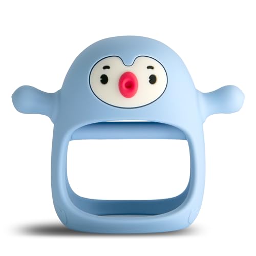 Smily Mia Teething Toys for Babies 0-6 Months, Never-Drop Penguin Teether for Babies 3-6Months,Soothing Teether for Infants &New Borns, Teething Pacifiers for Breast-Feeding Babies, Light Blue