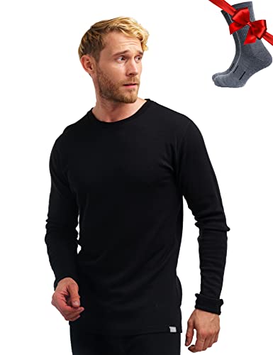 Merino.tech Merino Wool Base Layer - Mens 100% Merino Wool Long Sleeve Thermal Shirts Midweight + Socks (Large, Black 250)