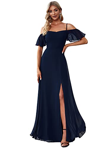 Ever-Pretty Women's Formal Dresses Off Shoulder Short Sleeve Split A-Line Floor Length Bridesmaid Dresses Navy Blue US14