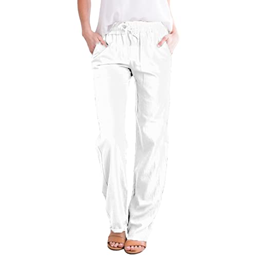 Linen Drawstring Pants Womens,Todays Daily Deals,Womens Casual Cotton Linen Pants Summer Relax Fit Elastic Waist Straight Leg Plus Size Solid Lounge Long Trousers 4-White Medium