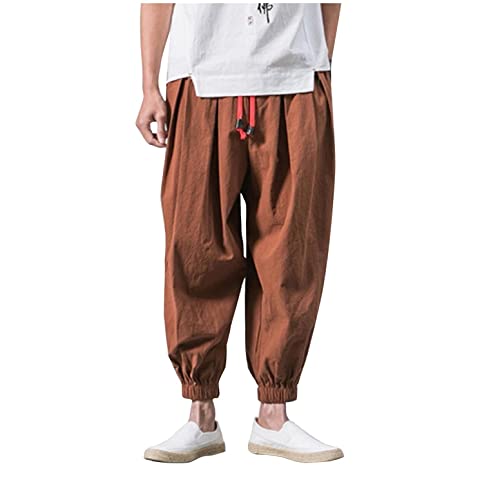 Realdo Men Baggy Hippie Boho Yoga Harem Pants Cotton Linen Loose Stretchy Waist Casual Pockets Ankle Length Pants Coffee