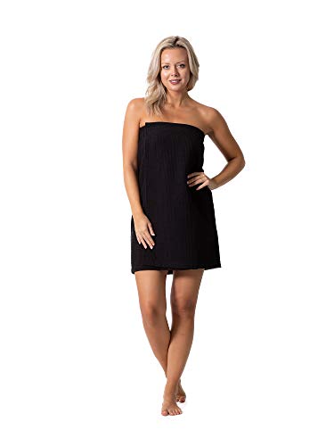 Turkish Linen Women’s Waffle Spa Body Wrap with Adjustable Closure (Small/Medium, Black)