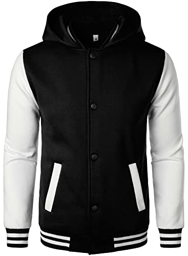 HOOD CREW Mens Casual Sports Varsity Jacket Fashion Hooded Letterman Jackets Black S