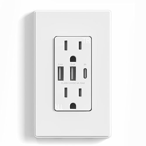 ELEGRP USB Outlets Receptacles, 3-Port USB C Wall Outlet, 30W 6.0A Electrical Outlet, 15 Amp Tamper-Resistant with USB C Ports, UL Listed, Screwless Wall Plate Included, 1 Pack, Matte White
