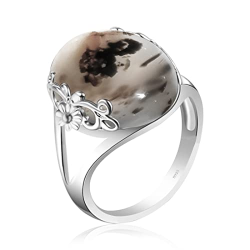 DALEGEM Genuine Rare Yemeni Agate Ring for Women Girls,White Moss Agate Gemstone Ring,S925 Sterling Silver Edged with Flower Vine Genuine Quartz Crystal Gemstone Turkish Ring Jewelry Gift for Her (Stone_A, 8)