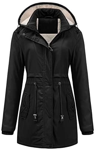 Chrisuno Womens Hooded Warm Winter Coats With Faux Fur Lined Outerwear Jacket Fleece Lined Ladies Parka Black L