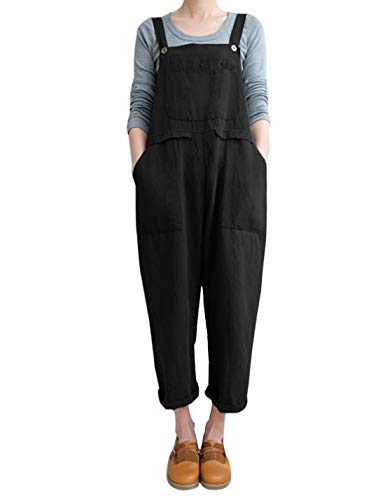 Gihuo Women's Fashion Baggy Loose Linen Overalls Jumpsuit Oversized Casual Sleeveless Rompers with Pockets (Black, XXX-Large)