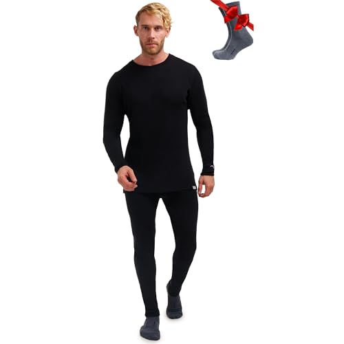 Merino.tech Merino Wool Base Layer Mens Set - Midweight Merino Wool Thermal Underwear For Men Top, Bottom (Large, 250 Black)