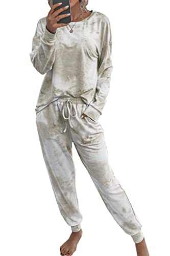 PRETTYGARDEN Women's Tie Dye Two Piece Tracksuit Set Long Sleeve Sweatshirt with Long Pants (Khaki,Medium)