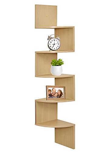 Greenco 5-Tier Corner Shelves, Floating Corner Shelf, Wall Organizer Storage, Easy-to-Assemble Tiered Wall Mount Shelves for Bedrooms, Bathroom Shelves, Kitchen, Offices, Living Rooms (Natural Finish)