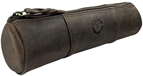 RUSTIC TOWN Leather Pencil Pouch - Zippered Pen Case for Work and Office