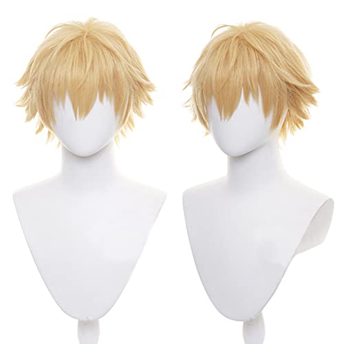 Lwiuentx Anime Cosplay Denji Short Golden Wig for Men Women Halloween Party + free wig cap