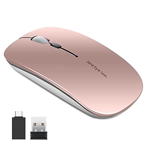 Uciefy Q5 Slim Rechargeable Wireless Mouse, 2.4G Portable Optical Silent Ultra Thin Wireless Computer Mouse with USB Receiver and Type C Adapter, Compatible with PC, Laptop, Desktop (Rose Gold)