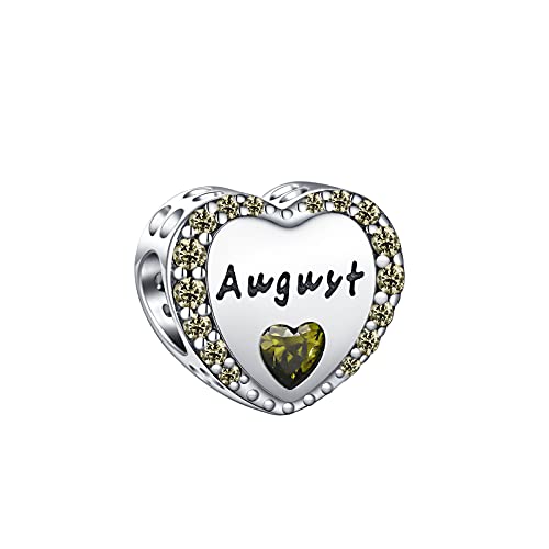 TIZU 925 Sterling Silver August Birthstone Charms for Pandora Bracelet Love Heart Beads Charm Happy Birthday Mother's Day Christmas Jewelry Gift for Women Girls
