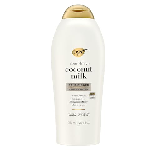 OGX Nourishing + Coconut Milk Conditioner, Hydrating & Restoring Conditioner Moisturizes for Soft Hair After the First Use, Paraben-Free, Sulfate-Free Surfactants, 25.4 fl. oz