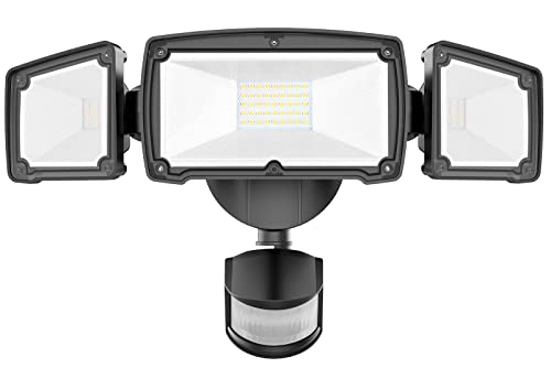 LED Motion Sensor Outdoor Lights Security Lights,38W 4200LM Flood Lights Outdoor Motion Sensor Lights,6000K,IP65 Waterproof,3 Head Motion Detection Outdoor Lights for Yard Garage Porch-Black