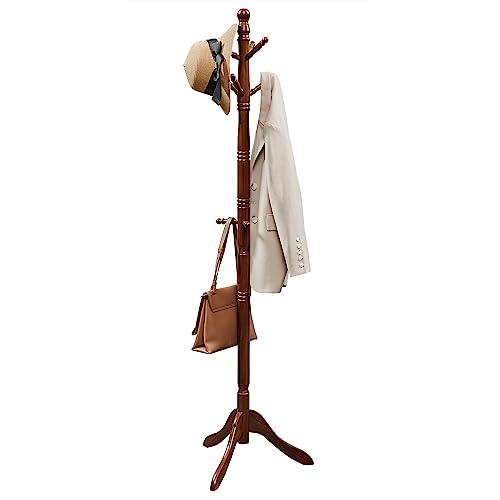 VASAGLE Solid Wood Coat Rack/Stand, Free Standing Hall Coat Tree with 10 Hooks for Hats, Bags, Purses, for Entryway, Hallway, Rubberwood, Dark Walnut URCR03WN