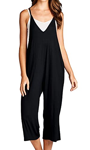 Loving People Women's Solid Spaghetti Strap V Neck Loose Fit Capri Jumpsuit, Medium, Black