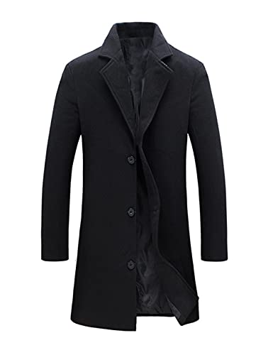 Tanming Mens Black Trench Coat Notched Lapel Single Breasted Long Peacoat Overcoat (Black-XL)