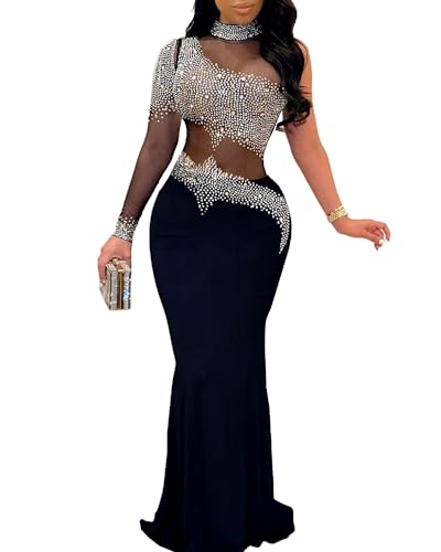 PORRCEY Women's Sexy Hot Drilling Craft Dress Long Sleeve Bodycon Party Club Night Out Dress(K2225,Black,L)