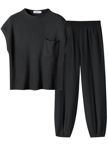 ANRABESS Women's Two Piece Outfits Knit Sweater Pullover Crop Top & Pants Lounge Matching Tracksuit Sweatsuit Sets 2024 Trendy Loungewear Clothes Black Medium