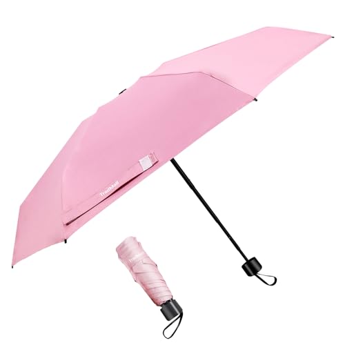 TradMall Mini Travel Umbrella, Portable Lightweight Compact Parasol with 95% UV Protection for Sun & Rain, Pink