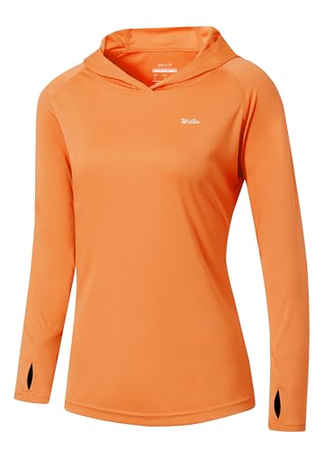 Willit Women's UPF 50+ Sun Protection Hoodie SPF Shirt long sleeve Hiking Fishing Outdoor Shirt Lightweight Hoodie Orange M