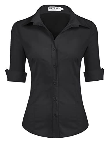 HOTOUCH Womens Cotton Button Down Fitted Button Up Server Uniform Shirt A - Black (Slim Fit, a Size Up for Relaxed Fit), Large, 3/4 Sleeve