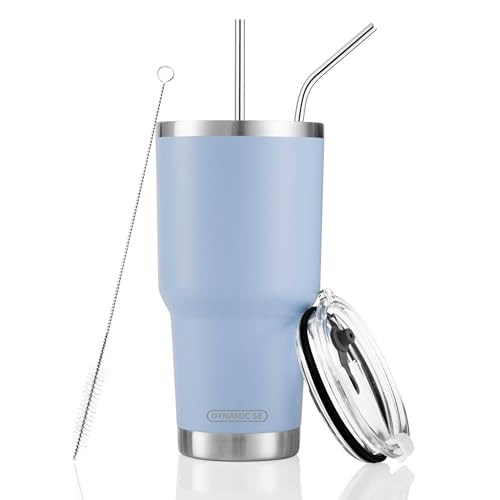 30oz Blue Tumbler Stainless Steel Double Wall Vacuum Insulated Mug with Straw and Lid, Cleaning Brush for Cold and Hot Beverages
