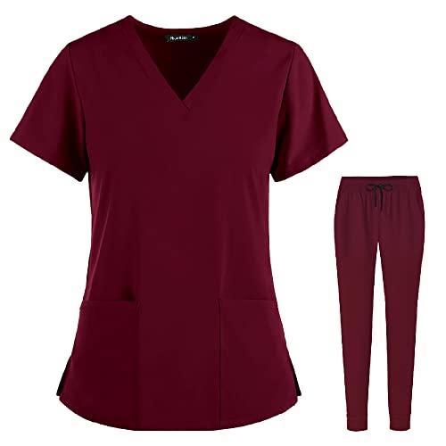 Scrubs Set for Women Joggers V-Neck Pocket Top Uniforms Athletic Stretch Set Workwear Drawstring Threaded Pant Legs
