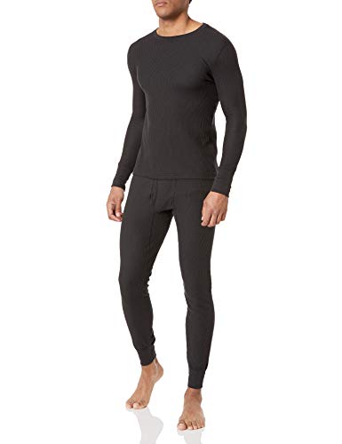 Fruit of the Loom Men's Recycled Waffle Thermal Underwear Set (Top and Bottom), Black, Medium