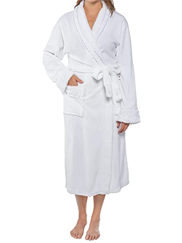 PAVILIA Soft Plush Women Fleece Robe, White Cozy Bathrobe, Female Long Spa Robe, Warm Housecoat, Satin Waffle Trim, S/M