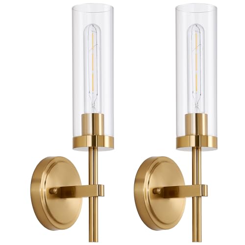 SANTOSTOCK Gold Wall Sconces Set of 2, Modern Bathroom Sconces Wall Lighting Vanity Light Fixtures with Clear Glass, Brushed Brass Wall Mount Lights for Living Room Corridor Mirror Bedroom Stairs