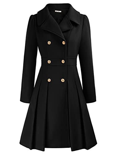 GRACE KARIN Women Double Breasted Swing Pea Coat Autumn Black Lapel Dress Outwear S