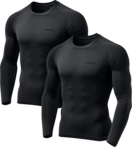 TSLA Men's Thermal Long Sleeve Compression Shirts, Athletic Base Layer Top, Winter Gear Running T-Shirt, Heat Core 2pack Black/Black, Large