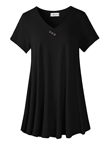 LARACE Plus Size Tops for Womens T Shirts Button Down Summer Clothes Short Sleeve Tunics Casual V Neck Blouses(Black 2X)