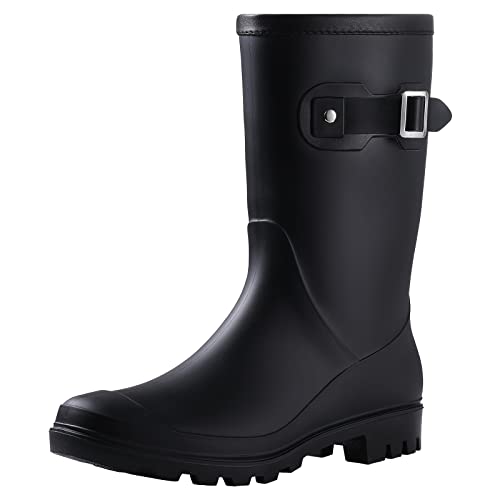 Evshine Women's Mid Calf Rain Boots Waterproof Garden Shoes，Matter Black，8