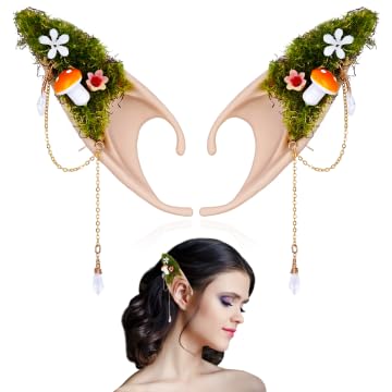 FRESHME Mushroom Fairy Elf Ear Cuffs Handmade Soft Forest Elf Ears with Moss Flower and Mushroom Non Pierced Woodland Crystal Ear Clip Women Thanksgiving Christmas Cosplay Costume Dress Up Accessories