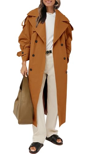Farktop Womens Oversized Long Trench Coat Double Breasted Lapel Windproof Overcoat with Belt