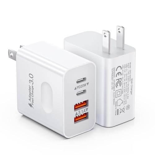 [2-Pack] USB C Wall Charger, 40W 4-Port Fast Charging Block USB C Charger Dual USBC Power Adapter + QC Wall Plug Multiport Brick Type C Block for iPhone 15/14/13/12/11/Pro Max/XS/XR, iPad, Samsung