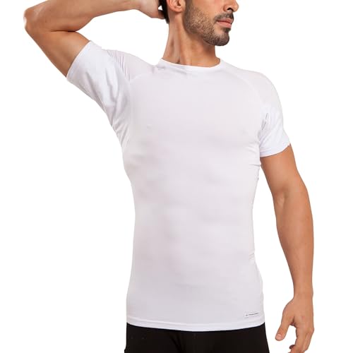 Ejis Sweatproof Undershirt Mens Modal Crew w Sweat Pads, Silver Treated to Fight Embarrassing Body Odor & Armpit Stains, Aluminum Free Alternative to Antiperspirant, Regular Fit (Medium, White)