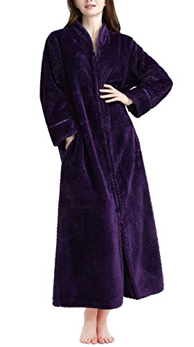 Soojun Women's Waffle Fleece Soft Zip Up Front Bathrobe, Dark Purple, X-Large/XX-Large