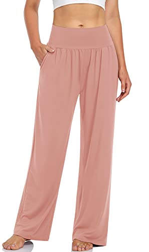 UEU Women's Casual Loose Wide Leg Cozy Pants Yoga Sweatpants Comfy High Waisted Athletic Flowy Lounge Pants with Pockets (Dusty Pink, Small)