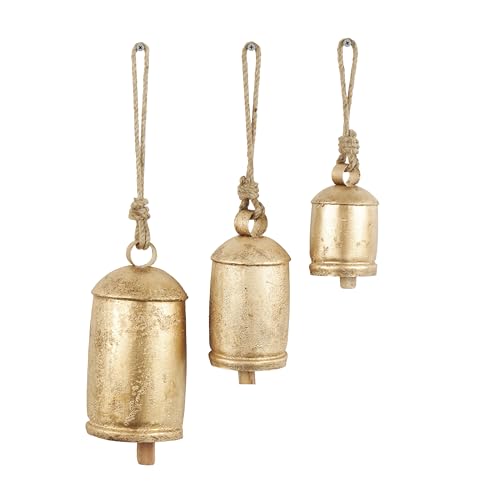 Deco 79 Metal Tibetan Inspired Meditation Decorative Cow Bell with Jute Hanging Rope, Set of 3 10',8',6'H, Gold