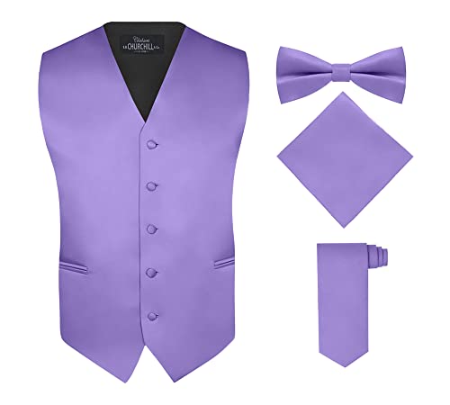 S.H. Churchill & Co. Men's 4 Piece Vest Set, with Bow Tie, Neck Tie & Pocket Hankie - Purple, L