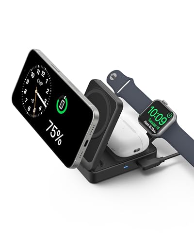 Anker MagSafe Charger Compatible, Anker MagGo 3in1 Charging Station, Qi2 Certified 15W Wireless Charger Stand, Apple Watch Charger, for iPhone 15/14, AirPods, Apple Watch S9 40W USBC Charger Included