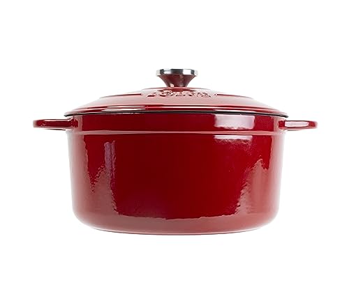 Lodge 6.5 Quart Enameled Cast Iron Dutch Oven with Lid – Dual Handles – Oven Safe up to 500° F or on Stovetop - Use to Marinate, Cook, Bake, Refrigerate and Serve – Red